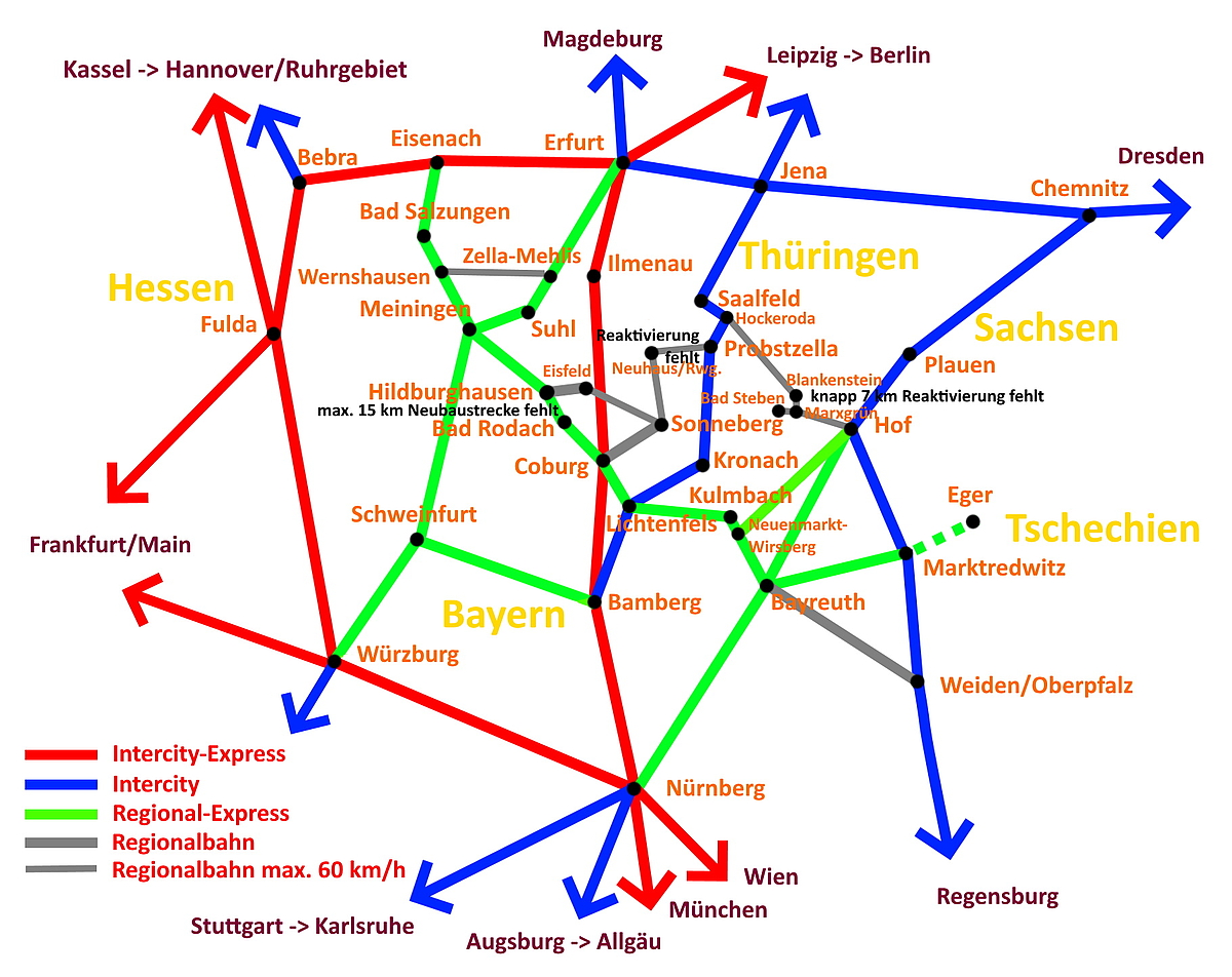 Mögliches zukünftiges Bahnstreckennetz im Bereich Südwestthüringen